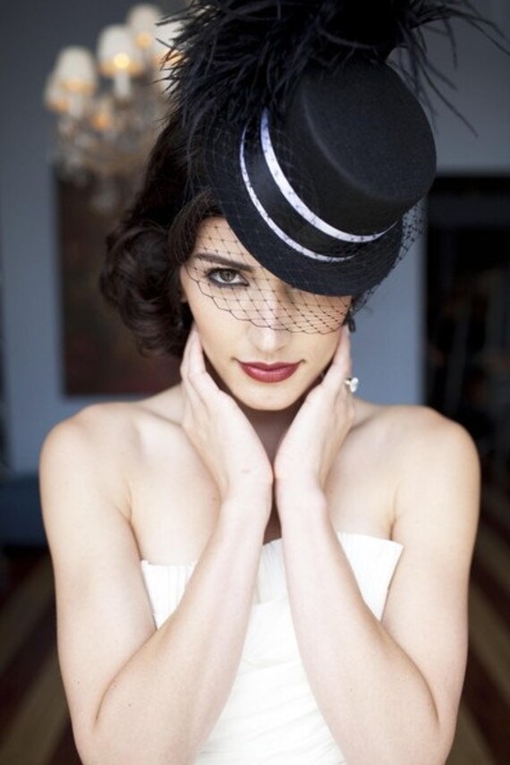 BLACK VEILED MINI TOP HAT WITH BLACK/WHITE RIBBONING AND STUNNING OSTRICH FEATHERS
