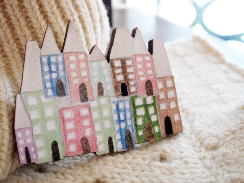 Houses Wooden Brooch