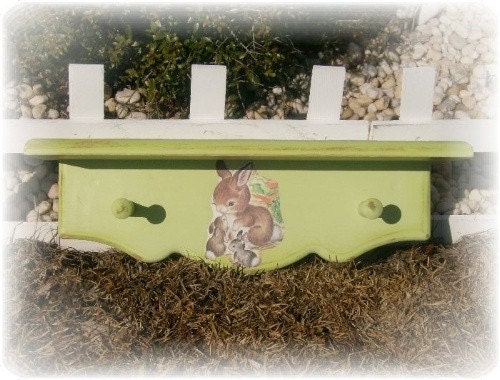 Bunny Rabbit  Shelf - Vintage Inspired Country Cottage Green, Nursery Decor