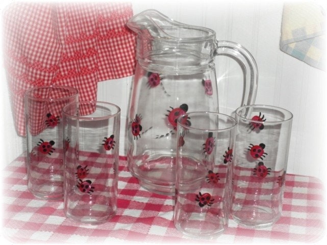 Hand Painted Country Lady Bug Drink Pitcher and Glasses Set - Farmhouse Summer Decor - Free Shipping