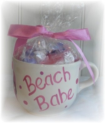 Hand Painted Hot Pink BEACH BABE Flip Flop Coffee Cup Gift Mug Filled w/ Saltwater Taffy
