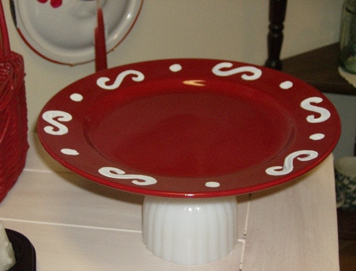 Red Ceramic and Milk Glass Cake Stand - Upcycled Cottage Chic