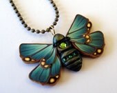 Teal Moth Polymer Clay Necklace