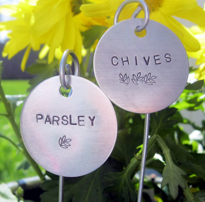 garden markers - hand stamped  1-1/2" round.... qty 6