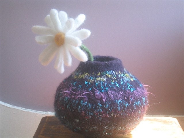 Fiber Frenzy Felted Vase in Eggplant Purple with Felted Daisy
