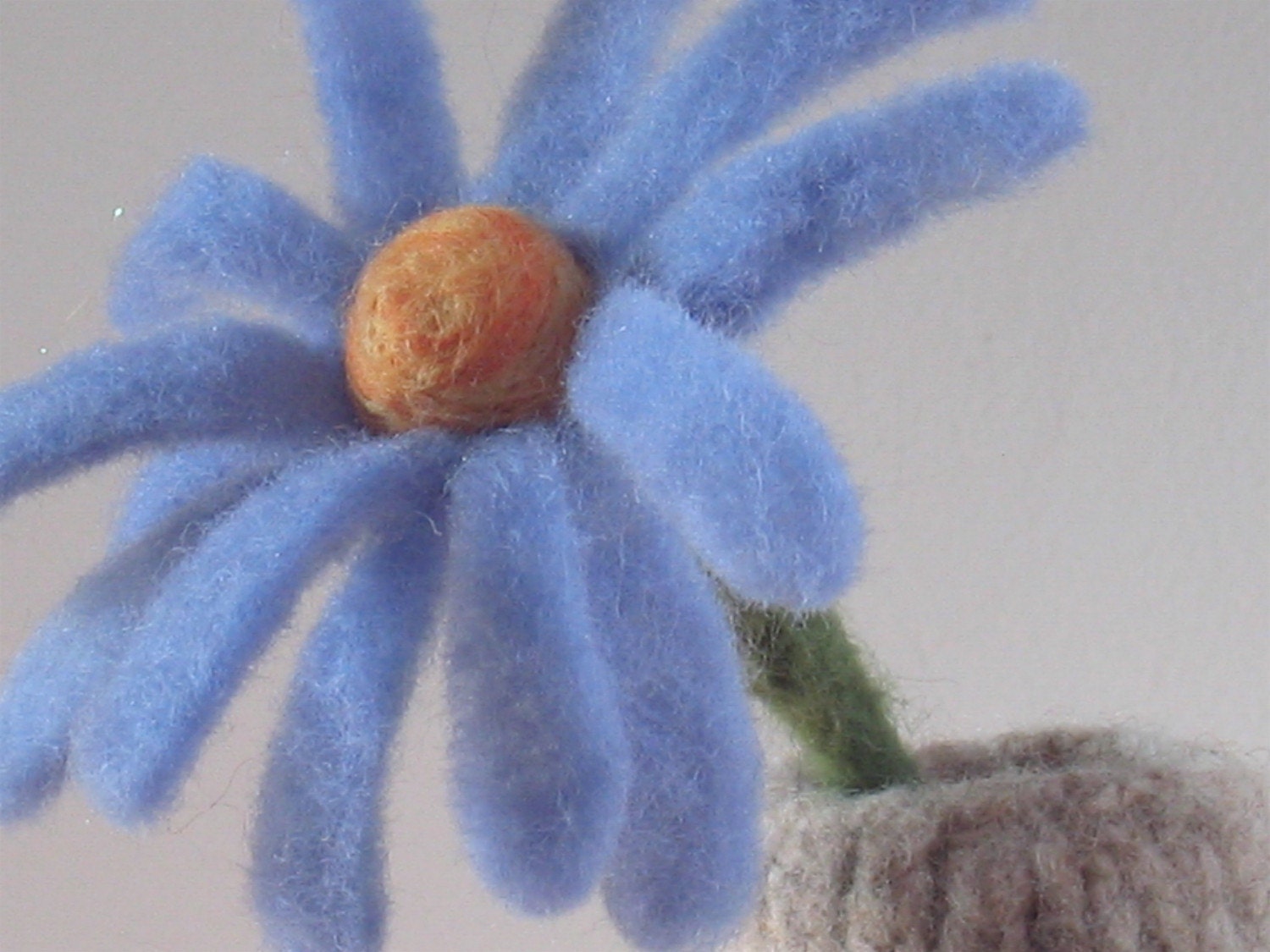 Felted Oatmeal Vase with needle felted floral design and Blue Aster Flower
