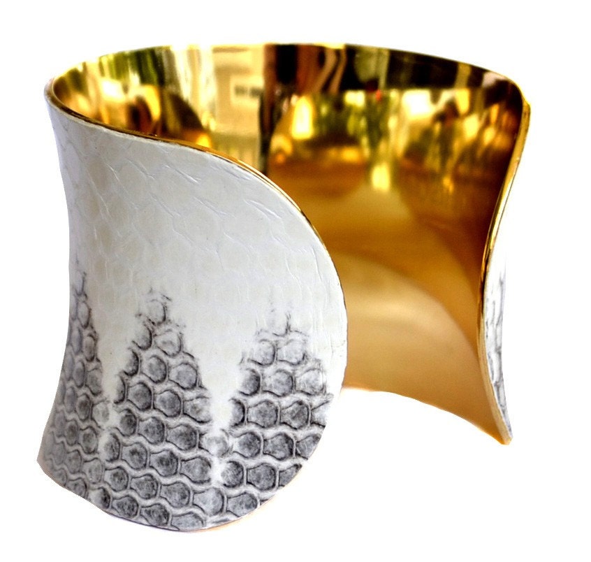 Snakeskin Cuff Bracelet - Gold Lined White Honeycomb Cathedral Cut by UNEARTHED