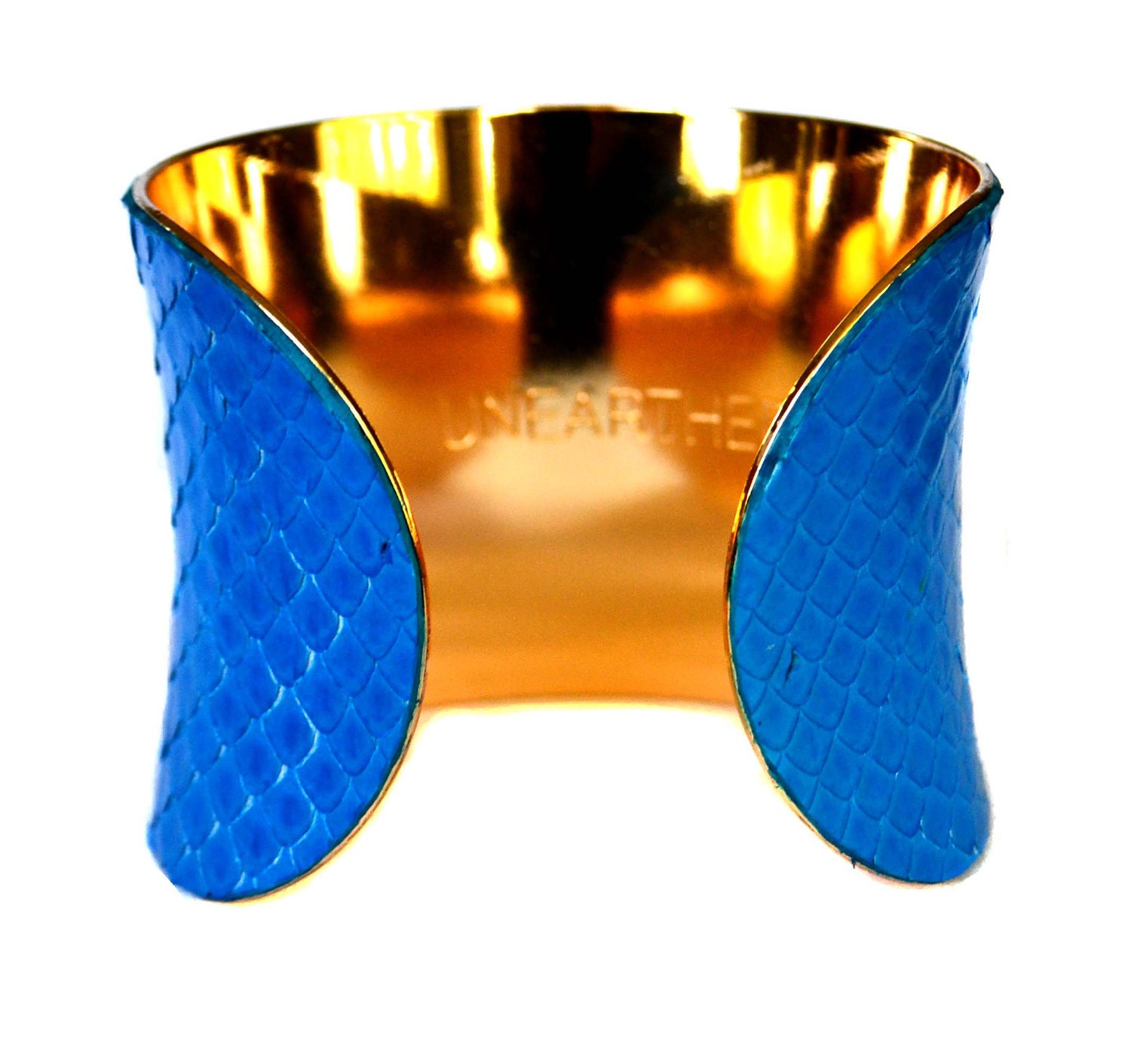Bright Blue Snakeskin Gold Lined Cuff Bracelet - by UNEARTHED