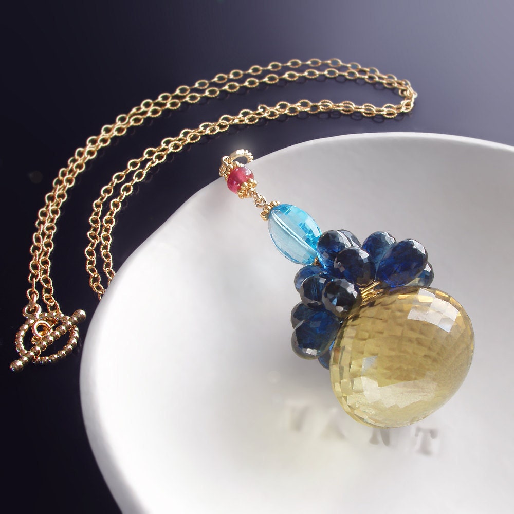 Sapphire Necklace with Swiss Blue Topaz, Ruby, and Bi-color Quartz