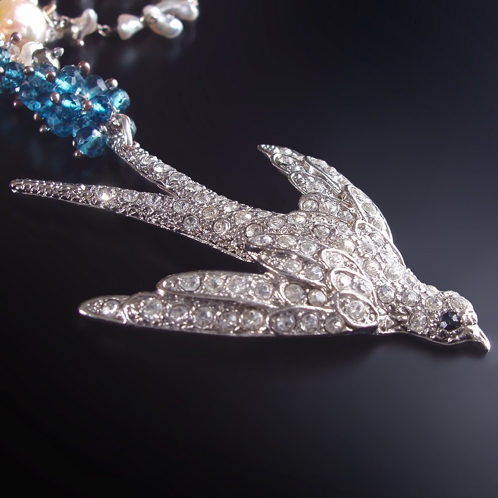 RESERVED - Vintage Sparrow Necklace with Japanese Saltwater Keishi Pearls, London Blue Topaz, Pink Sapphire, and Pyrite