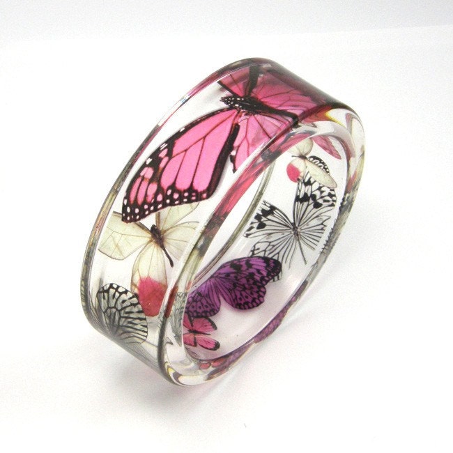 Pink Bracelet, Pink, Purple Butterflies in a Resin Bangle, Botanical Jewelry