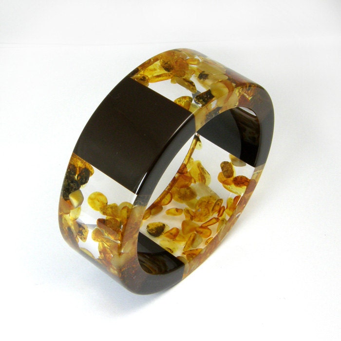 Amber Bracelet, Clear and Chocolate Brown Resin Bangle with Amber, Original Baltic Amber Jewelry