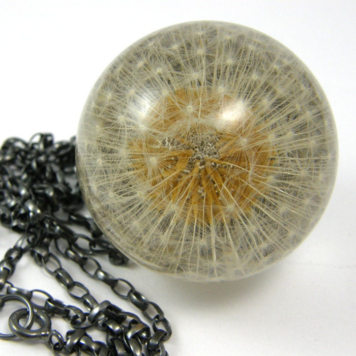 Resin Necklace - Dandelion Pendant. Silver. Large 3,4 cm