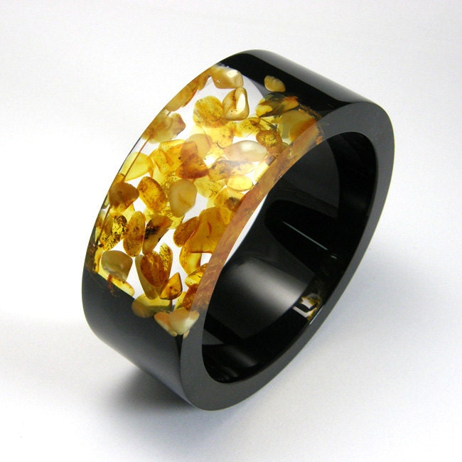 Amber Bracelet, Clear and Black Resin Bangle with Amber, Original Baltic Amber Jewelry