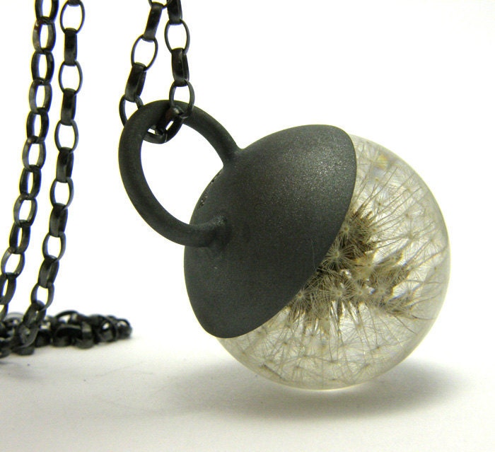 Dandelion Resin and Silver Necklace, Small Dandelion pendant, dandelion necklace