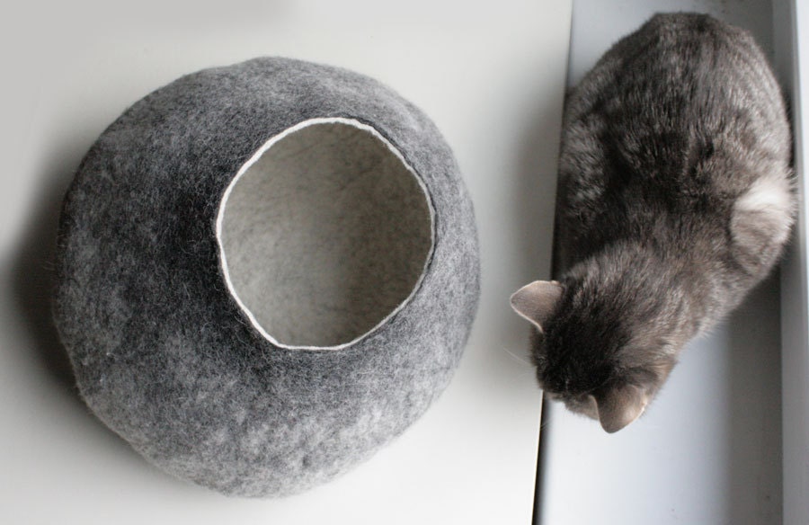 Warm Gray Stone - Hand Felted Wool Cat Bed / Vessel - Crisp Contemporary Design