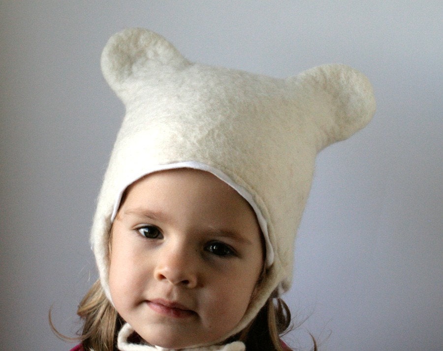 Bear Hat -- Hand Felted Wool -- Size 2/3 Years