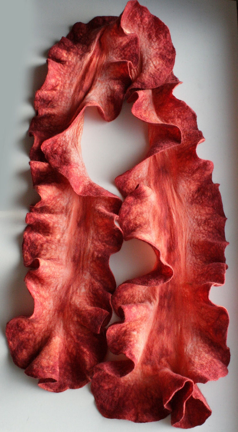 Peachy Orange Shades - Long Scarf Hand Felted Wool - Wearable Art