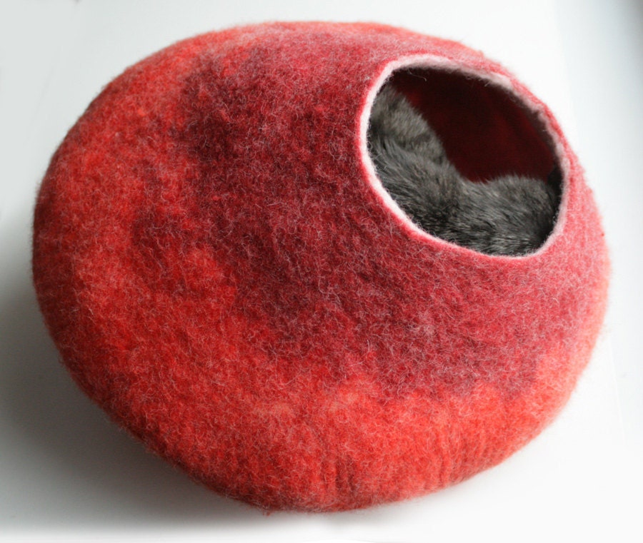 Warm Orange Red Bubble - Hand Felted Wool Cat Bed / Vessel - Crisp Contemporary Design