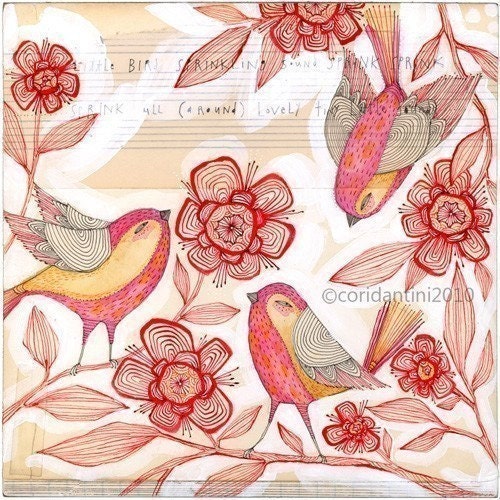 whimsical bird painting - watercolor - ink - animal art - limited edition and archival, 8 x 8 inches - Sprinkling sound, by cori dantini