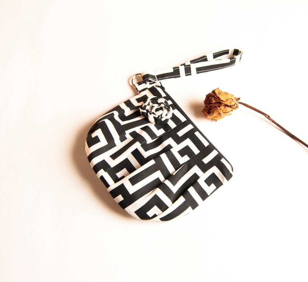 Bridesmaid Gift Pleated Wristlet Black White Geometric rosebud Bridal Wedding Clutch Cosmetic clutch by Lolos