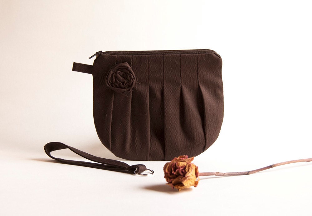 Pleated Bridal Wedding Clutch, Bridesmaid Gift Idea Clutch, Pouch, Wristlet, Purse, Brown Chocolate Rosebud by Lolos