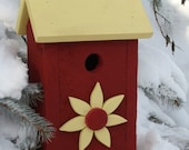 Red Birdhouse Yellow Wood Flower Garden Home Decor Cottage chic Sweet