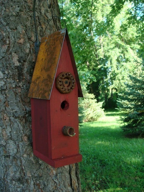 Old Red Rustic Birdhouse Decorative Wood Bird House Garden or Home Decor Recycled Industrial Cottage Farmhouse