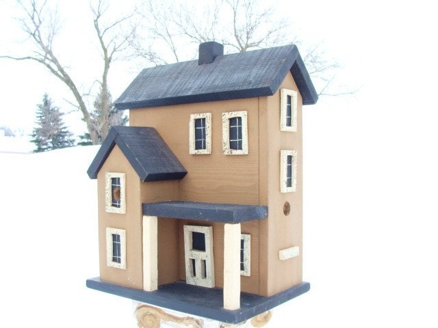 Farmhouse Birdhouse French Country Bird House Large Wood Birdhouse Home & Garden Decor Tan and Black White Pillars
