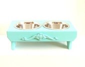 Dog Feeder Bowl Holder Cat Feeder Elevated Feeding Station Aqua Blue Beach Cottage French Country