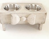 Wood Bow Dog Feeder Pet Feeding Bowl Holder Elevated Dog Bowl Feeder Raised Pet Feeder Cat Bowl Custom Antique White Cottage Beach