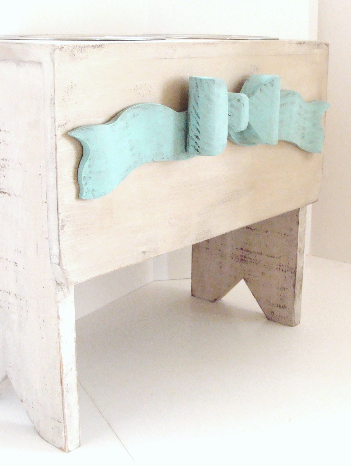 Wood Bow with Ribbon Elevated Dog Feeder Pets Feeding Raised Bowl Holder Cottage French Country Beach Shabby White & Aqua Blue Custom