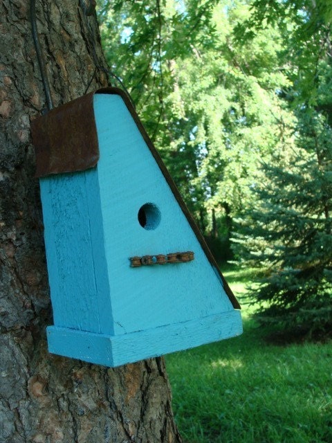 Turquoise Birdhouse Reclaimed Bike Chain Industrial Garden & Home