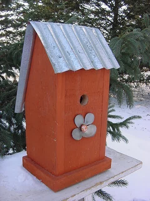 Orange Birdhouse Reclaimed Galvanized Steel Roof from the Old Barn