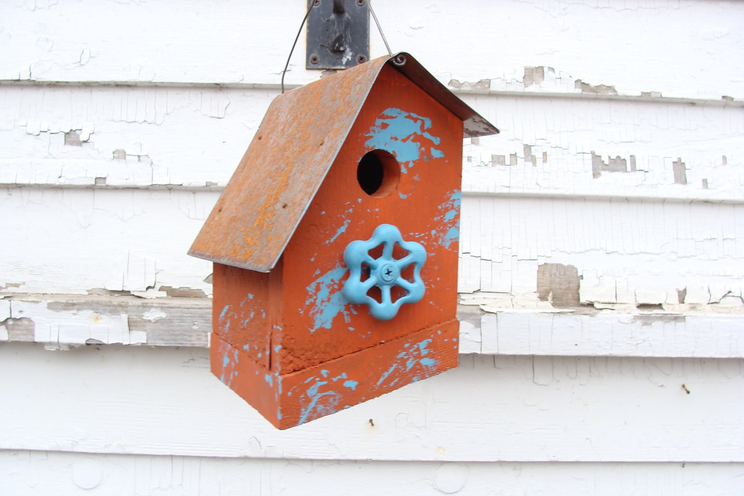 Rustic Recycled Birdhouse Blue Faucet Wooden Bird House Garden Decor Decorative Birdhouse Cottage French Country Farmhouse Orange Tangerine