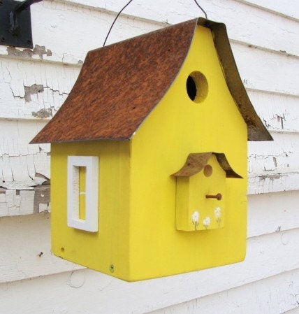 Bird House Garden Decor Birdhouse Recycled Rustic Metal Roof Lemon Yellow