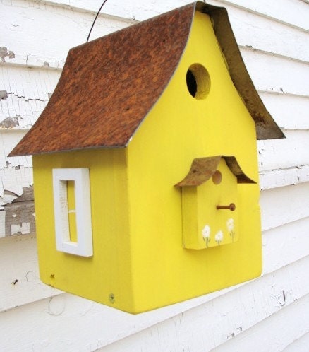 Bird House Garden Decor Birdhouse Recycled Rustic Metal Roof Lemon Yellow