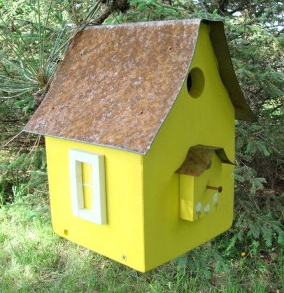Bird House Garden Decor Birdhouse Recycled Rustic Metal Roof Lemon Yellow