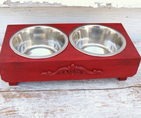 Red Dog Bowl Holder Cat Feeder Elevated Pets Feeding Bowl French Country Farmhouse Beach Custom
