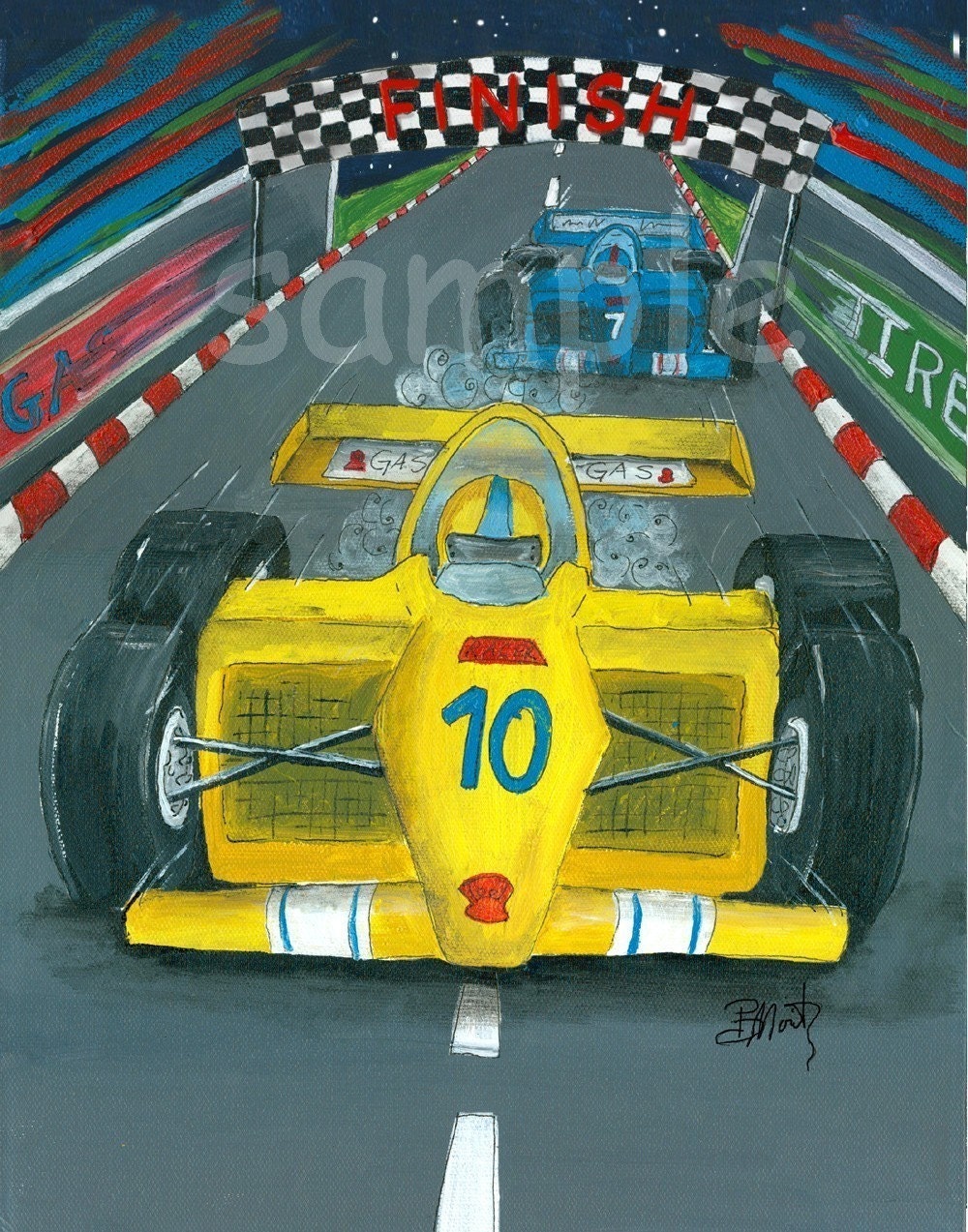 Kids Wall Art Yellow Race Car 8x10 Print