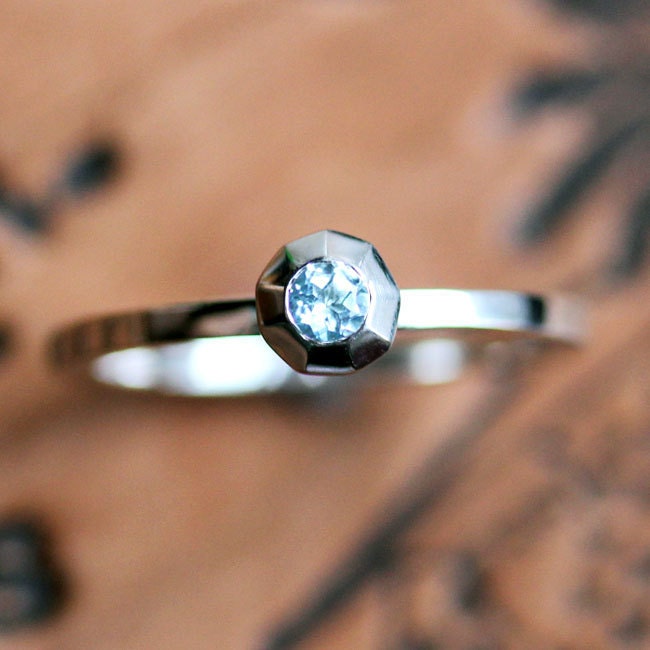 Aquamarine stack ring - solitaire - recycled sterling silver - faceted metal - bling ring - March birthstone