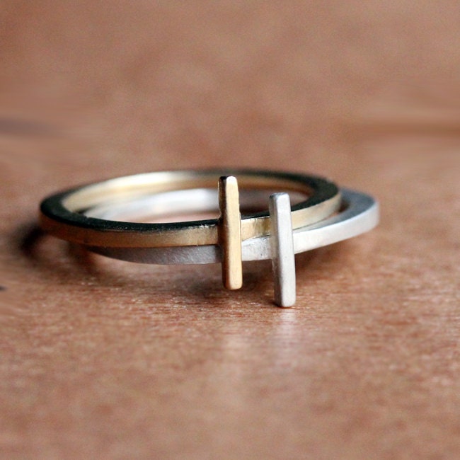 Modern stack rings - geometric rings - 14k gold and recycled sterling silver - recycled - eco friendly - metropolis - made to order