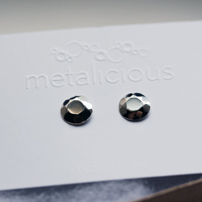 Silver stud earrings - geometric jewelry - faceted metal diamond studs - recycled sterling silver - Modern Rock Brilliant Studs
