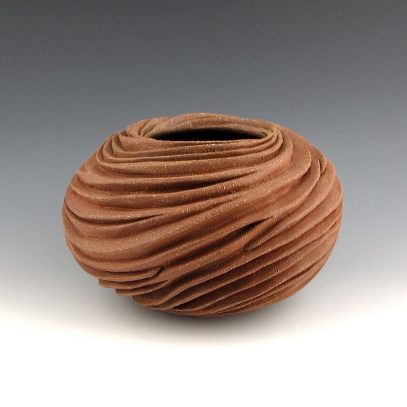 Round Carved Sculptural Ceramic Pottery Vessel: Rich Red Naked Clay
