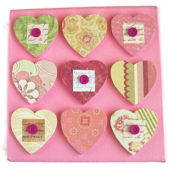 Original art mixed media collage small canvas 9 Hearts