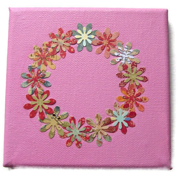 Original collage mixed media art small canvas pink Ring of Flowers
