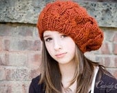 Hand Knit Hat Womens Hat - Cable Beret Hat in Rust Orange