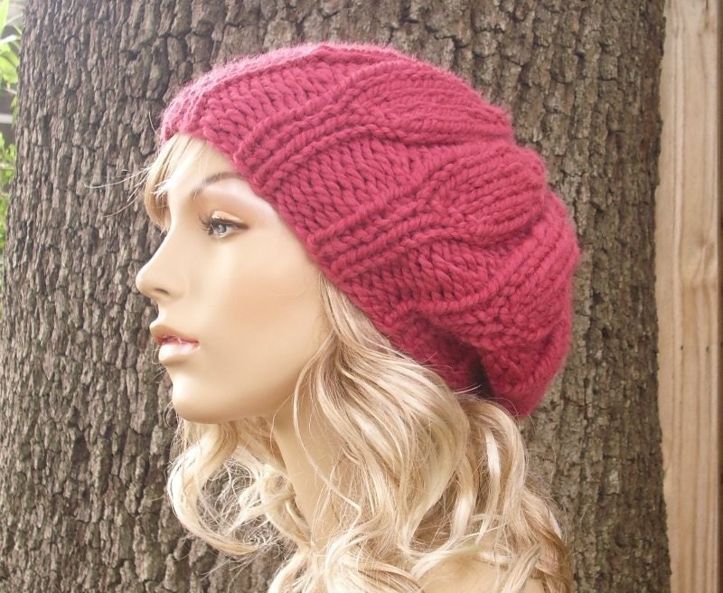 Hand Knit Hat Womens Hat - Urchin Beret Hat in Raspberry - Winter Fashion Winter Accessories Chunky Knit