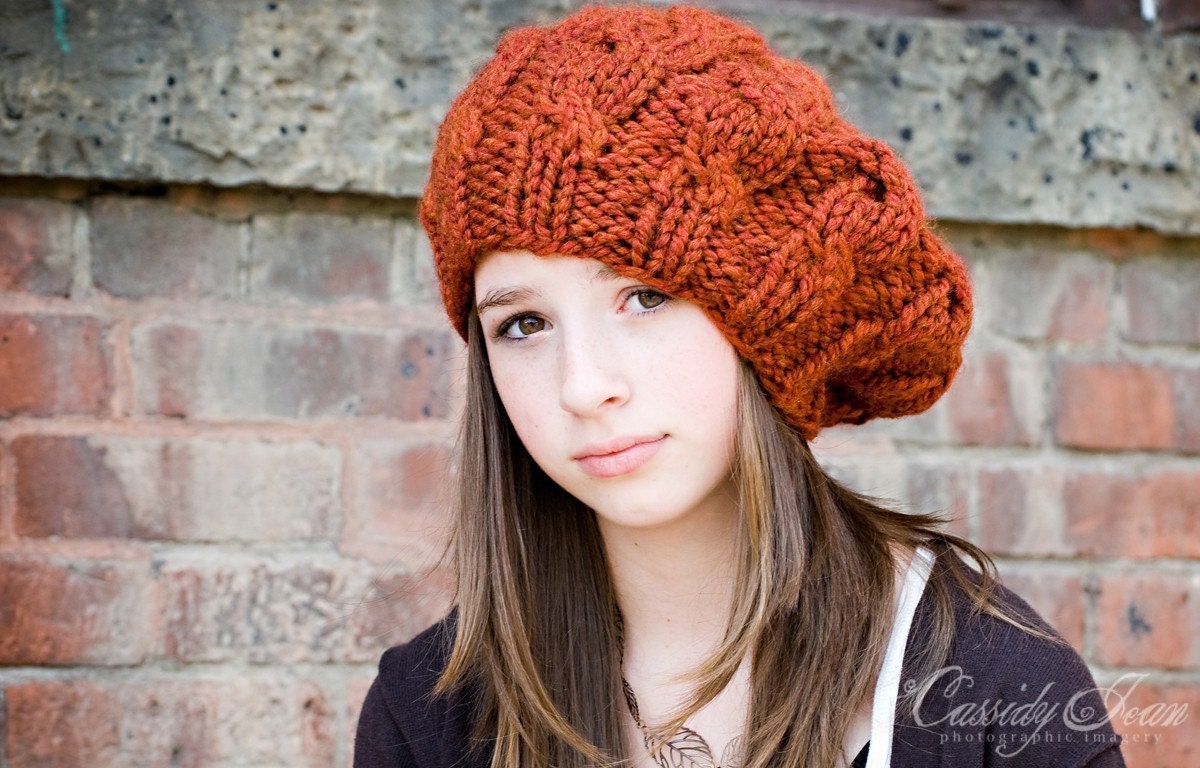 Hand Knit Hat Womens Hat - Cable Beret Hat in Rust Orange - Winter Fashion Winter Accessories Chunky Knit