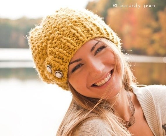 Hand Knit Hat Womens Hat - The Seed Beret Hat in Citron Yellow - Winter Fashion Winter Accessories Chunky Knit